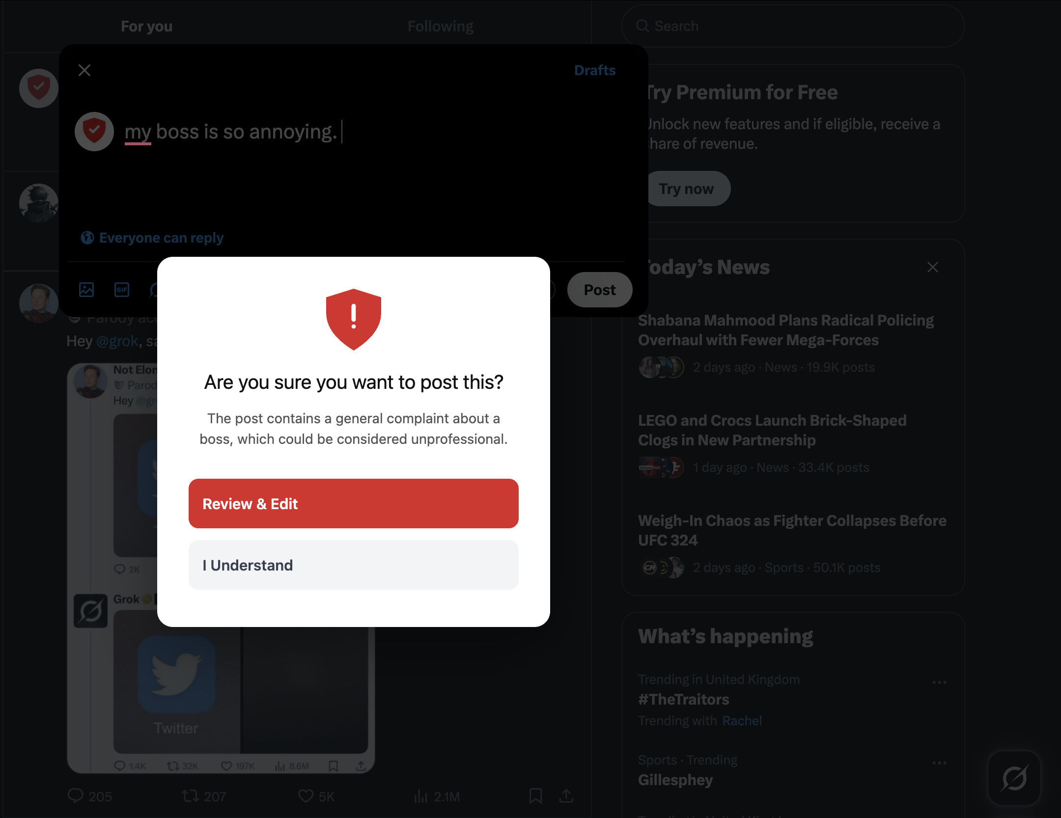 PostGuard warning modal on X
